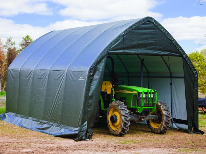 Shelter Logic Foliengarage und Foliengeraetehaus grau mit Traktor