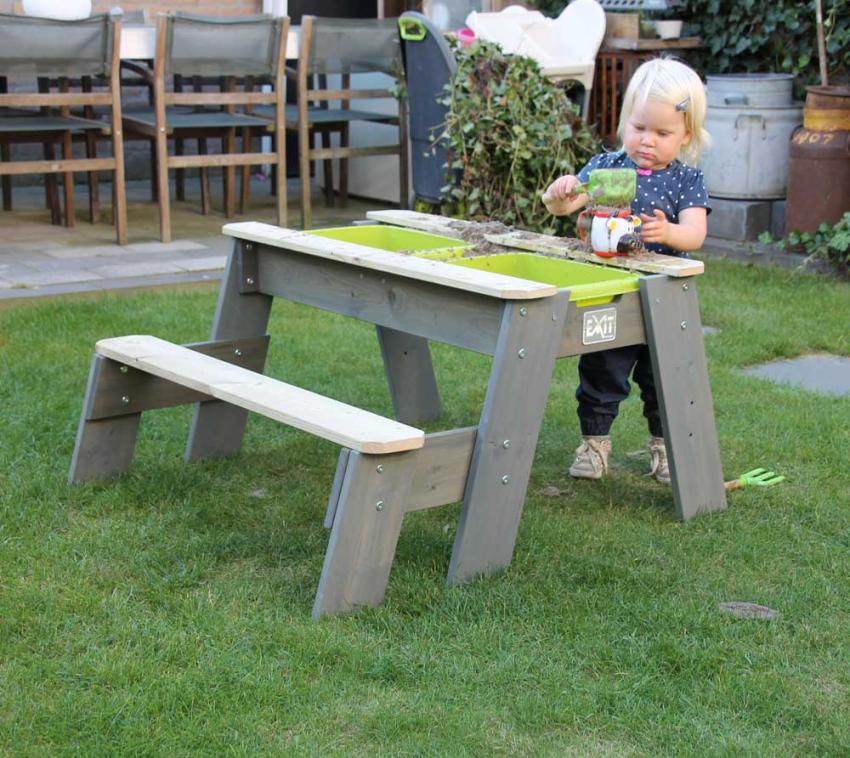 Exit Holz Matschtisch Aksent | inkl. Bank | Grau/Grün | 89x50 cm 
