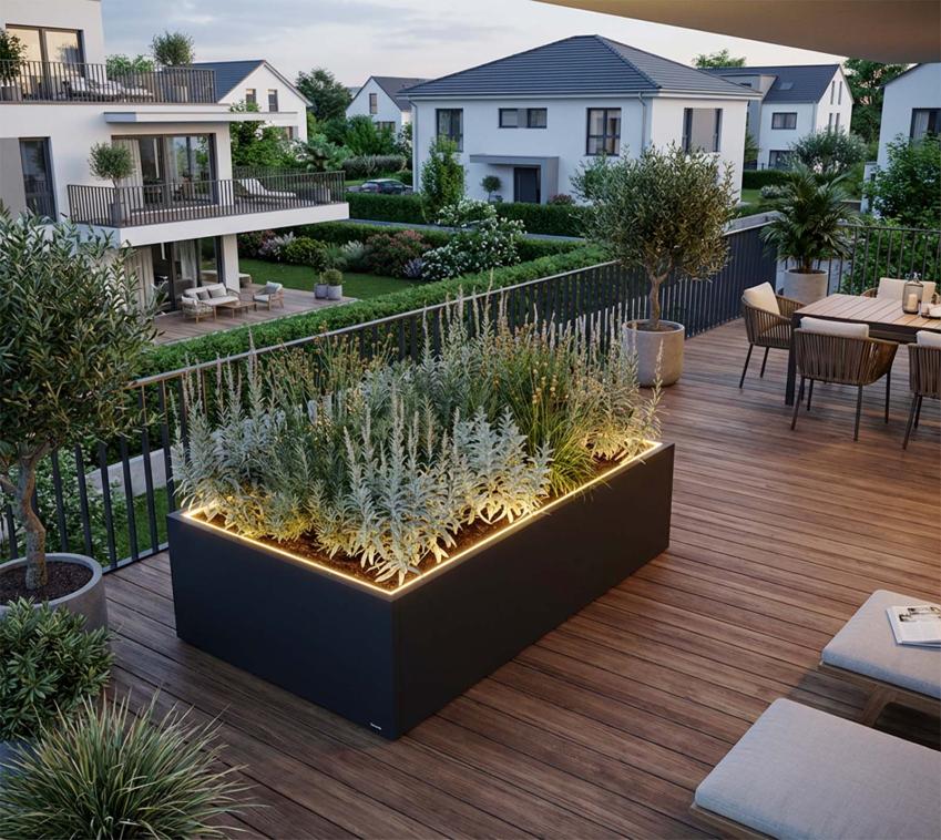 Herstera Garden Cube Low XL Plus | flacher Outdoor Pflanzkasten | mit LED | 150x50x100 cm 