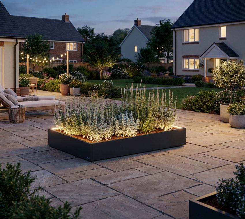 Herstera Garden Cube Low M Plus | flacher Outdoor Pflanzkasten | mit LED | 150x25x100 cm 