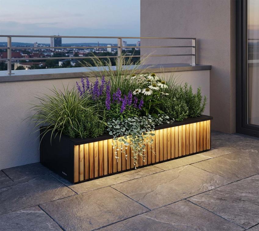Herstera Garden Deco Planter Xic M Plus | Pflanzkübel rechteckig mit LED | 100x25x40 cm 