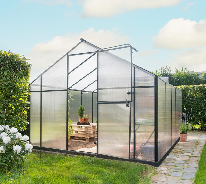 Gampre Aluminium Glas Gewächshaus Sanus L10 | Schwarz | 430x220x208 cm 