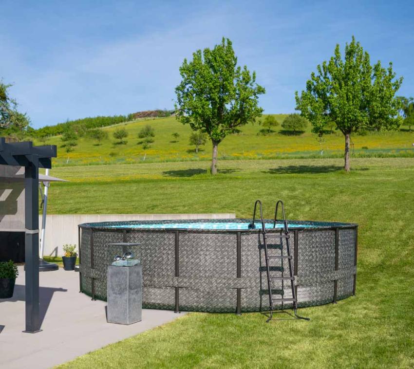 Summer Waves Elite Frame Pool | Aufstellpool rund | Komplettset | Rattanoptik grau | Ø 549x132 cm 