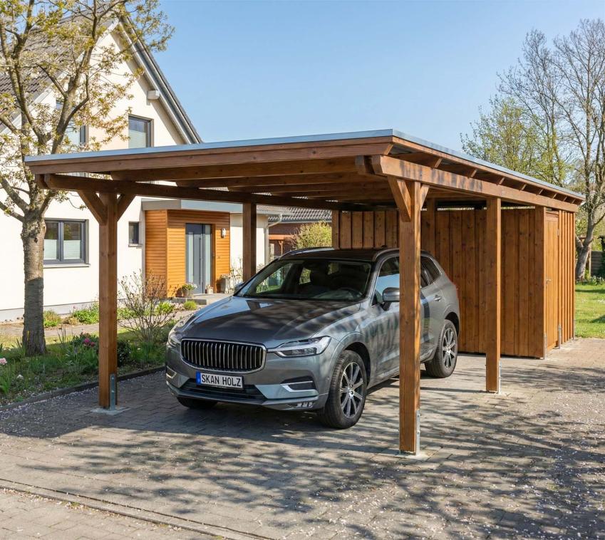 Skan Holz Emsland | Holz Carport mit Schuppen | Bausatz | 3,5x8,5 m Nussbaum