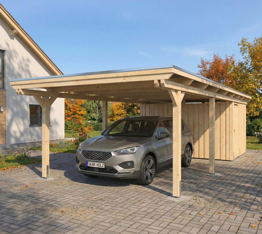 Skan Holz Emsland | Holz Carport mit Schuppen | Bausatz | 4,5x8,5 m Anthrazit