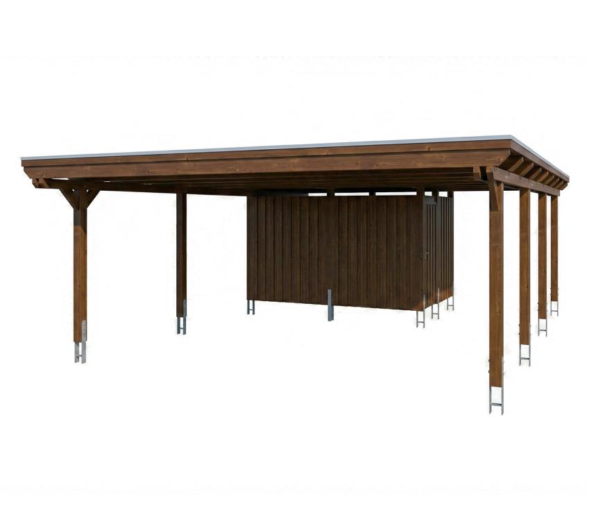 Skan Holz Emsland | Holz Doppelcarport mit Schuppen | Bausatz | 6,5x8,5 m Nussbaum