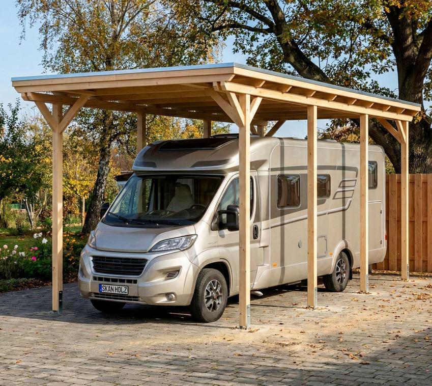 Skan Holz Emsland Caravan | Holz Carport für Wohnmobil | Bausatz | 4,5x8,5 m Nussbaum
