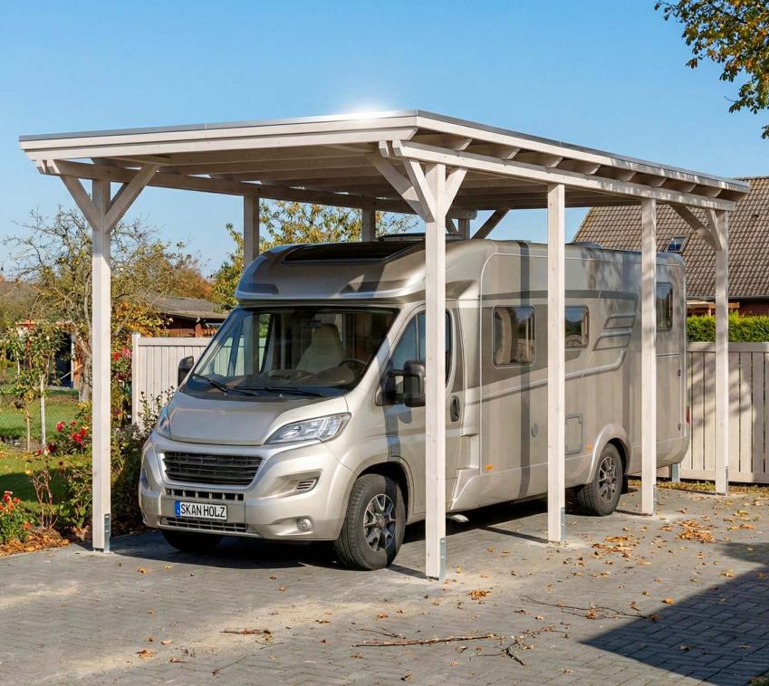 Skan Holz Emsland Caravan | Holz Carport für Wohnmobil | Bausatz | 4,5x8,5 m Weiß