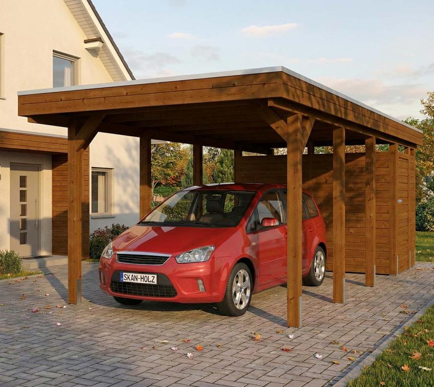 Skan Holz Friesland | Holz Carport mit Schuppen | Bausatz | 320x708 cm Nussbaum