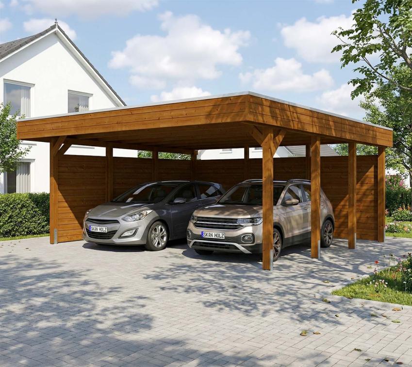 Skan Holz Friesland | Holz Doppelcarport mit Seitenwänden | Bausatz | 546x555 cm Nussbaum