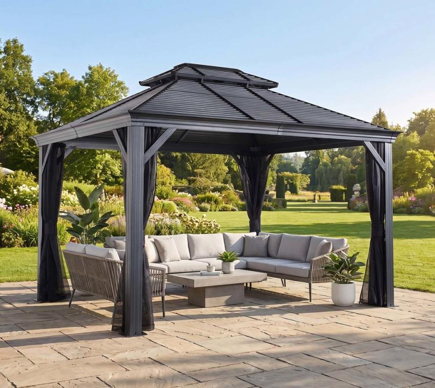 Sojag Alu Pavillon Mykonos 1012 | Hardtop Pavillon mit Moskitonetz | Grau | 299x364x291cm 