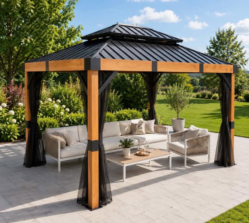Sojag Alu Pavillon Fontana 1012 | Hardtop Pavillon mit Moskitonetz | Holzoptik/Schwarz | 298x363x310 cm 