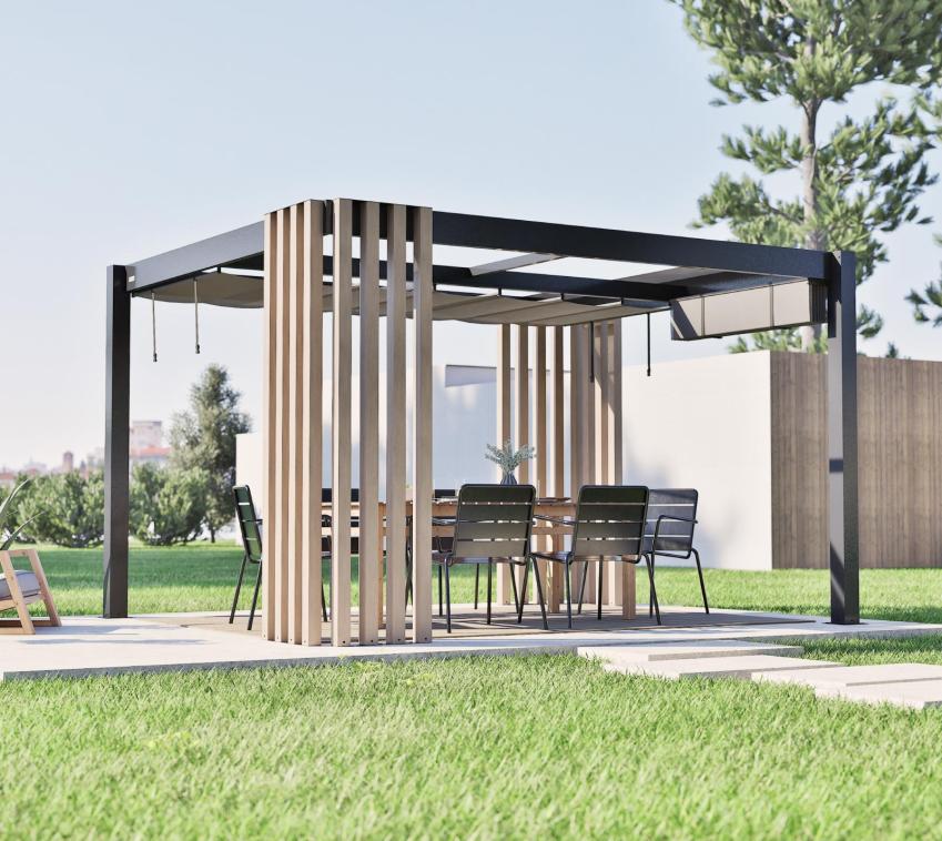 Sojag Lito 1012 | freistehende Pergola 3x3,5  mit Sonnensegel | Holzoptik 