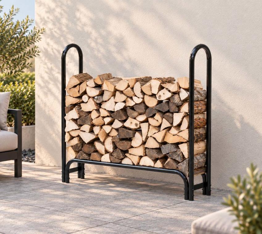 ShelterLogic Stahl Kaminholzregal inkl. Abdeckung | Schwarz | 126x25x118 cm Farbe