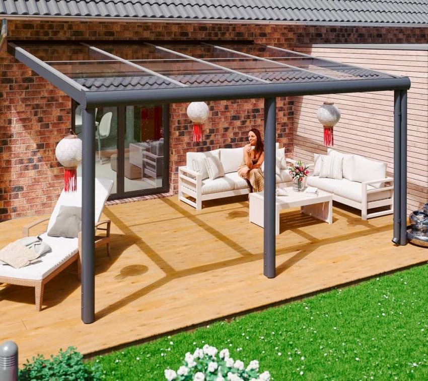 Skan Holz Aluminium Terrassenüberdachung Monza | Anthrazit | 307x434x257 cm 