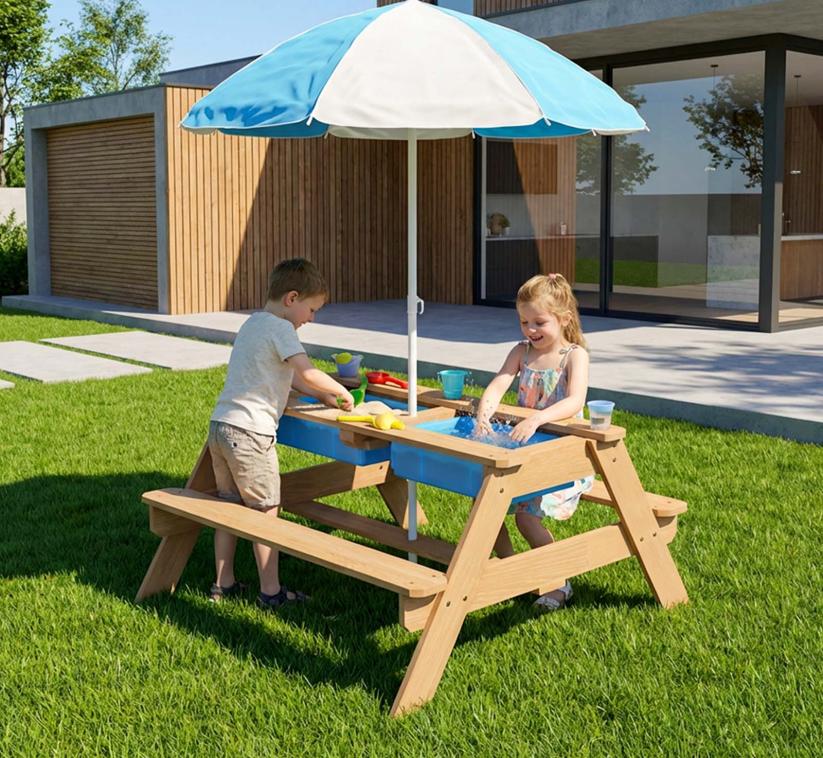 TP Toys Holz Spieltisch & Matschtisch Tiger | inkl. Sonnenschirm | Natur | 97x95x170 cm 