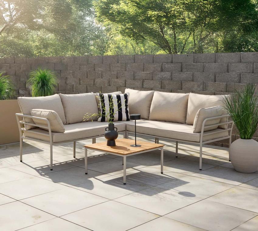 VENTURE HOME Penh | Stahl Gartenmöbel Lounge L-Form | Gartenlounger Beige  