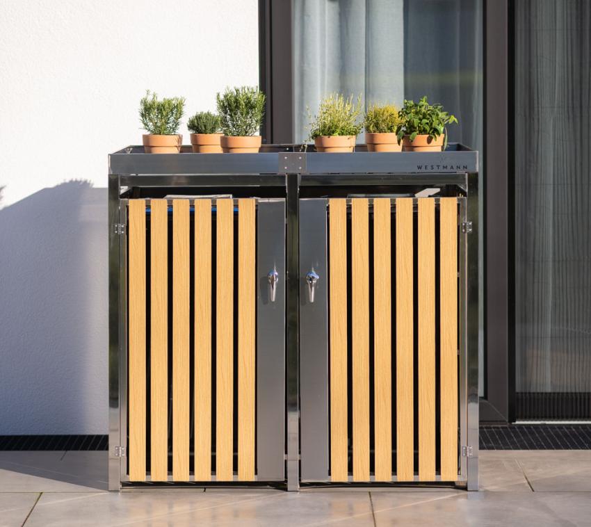 Westmann Mülltonnenbox Planta Edelstahl | 2x240 L | Mülltonnenbox mit Pflanzdach | Silber | 84x134x124 cm 