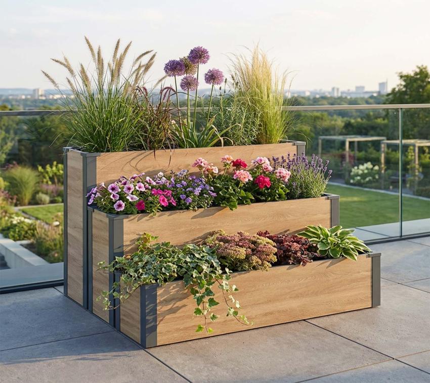 Westmann Talus Set | Pflanzkübel 3er-Set | Pflanztreppe | Holzoptik 