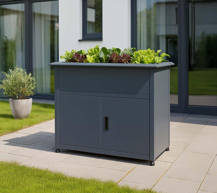 Westmann Plexa | Metall Hochbeet mit Stauraum | mit Schneckenkante | Anthrazit 