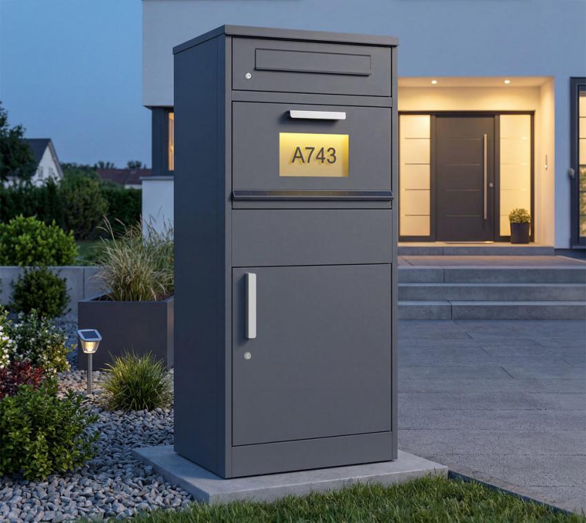 Westmann Nox | Metall Paketbox mit Briefkasten und LED | Anthrazit | 50x38,5x112 cm 