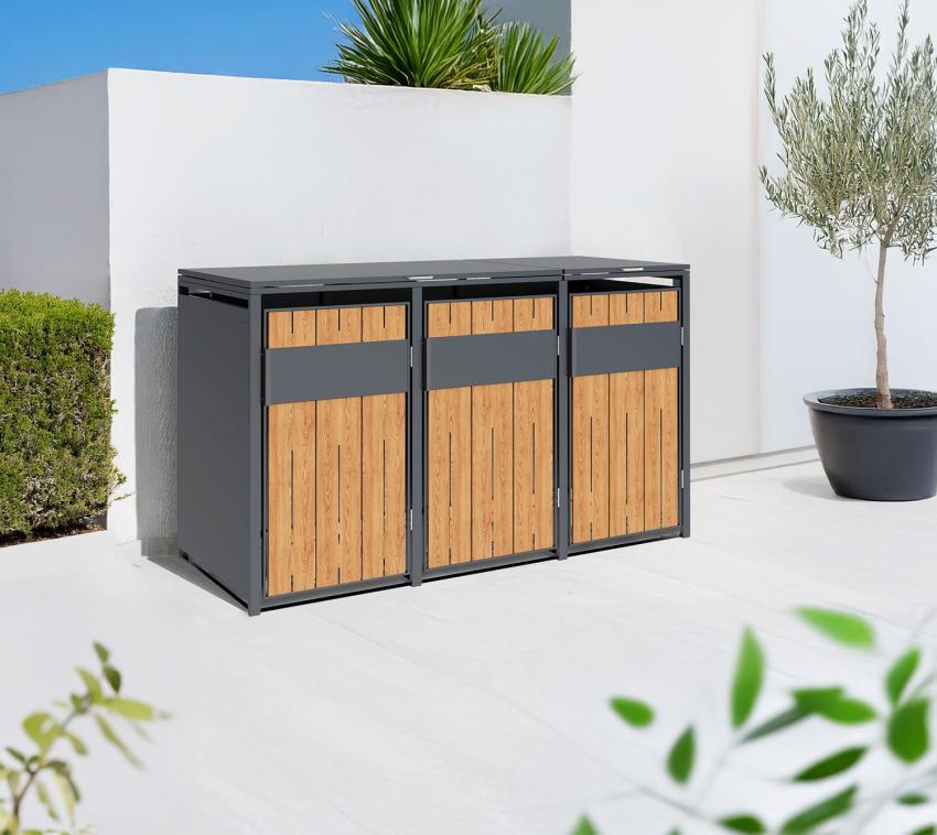 Westmann Varius 3 | Metall Mülltonnenbox 3er | 3x240 L | Holzoptik 