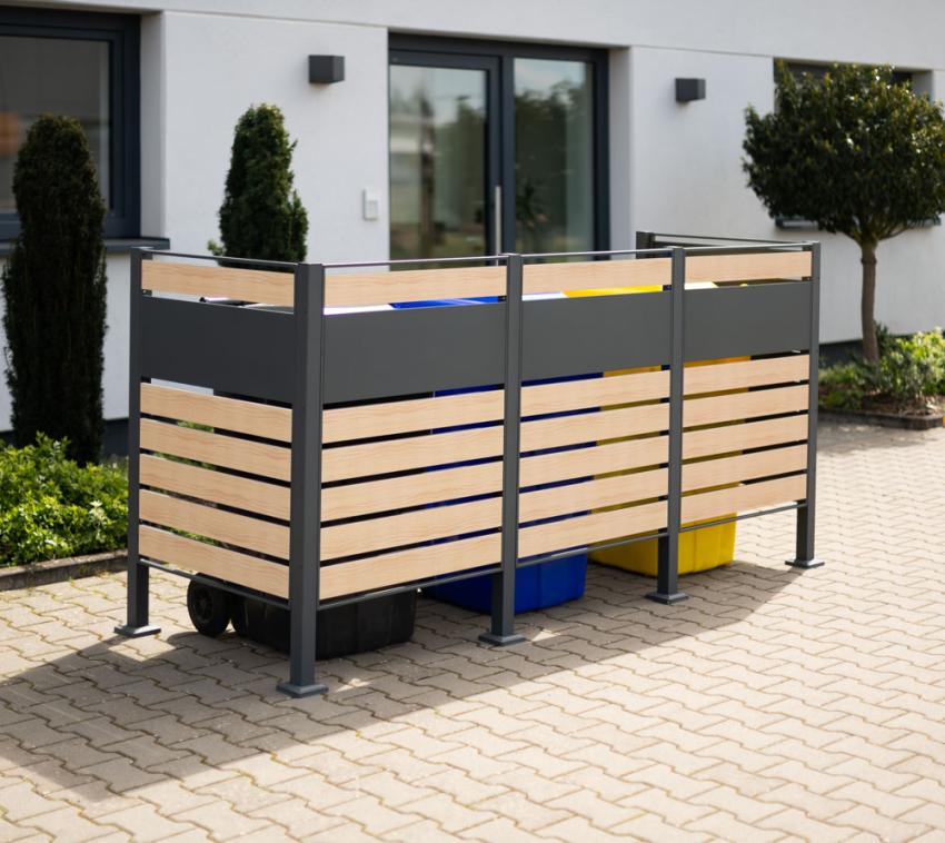 Westmann Metall Mülltonnenverkleidung Planum | 3x240 L | Holzoptik | 250x90x120 cm 
