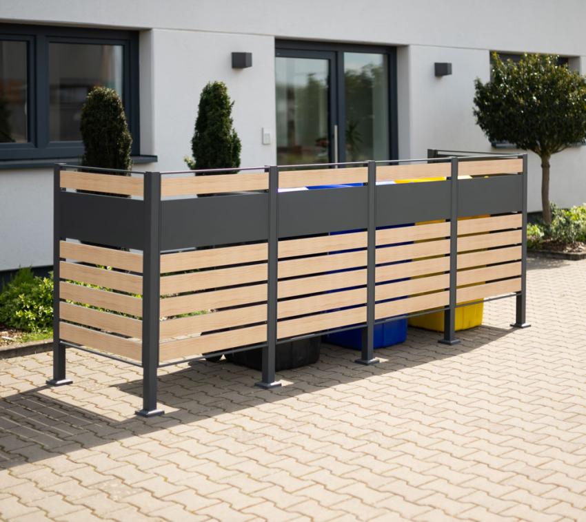 Westmann Metall Mülltonnenverkleidung Planum | 4x240 L | Holzoptik | 330x90x120 cm 