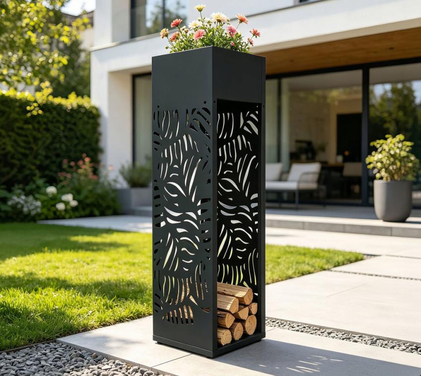 Westmann Onyx 2 | Kaminholzregal für den Außenbereich | mit Pflanzkasten 