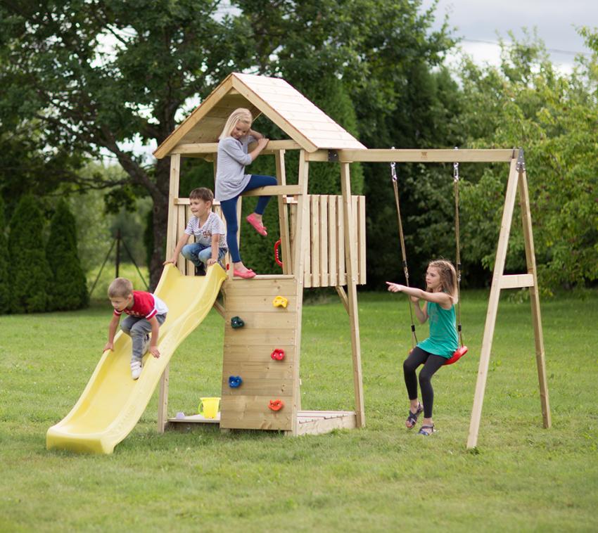 Wendi Toys Holz Spielturm Biene | inkl. Rutsche, Kletterwand, Schaukel & Sandkasten | Natur | 280x270x270 cm 