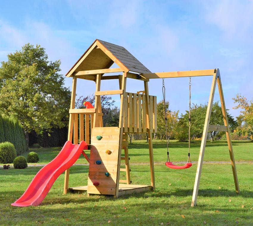 Wendi Toys Holz Spielturm Panda | inkl. Rutsche, Kletterwand und Schaukel | Natur | 290x270x270 cm 