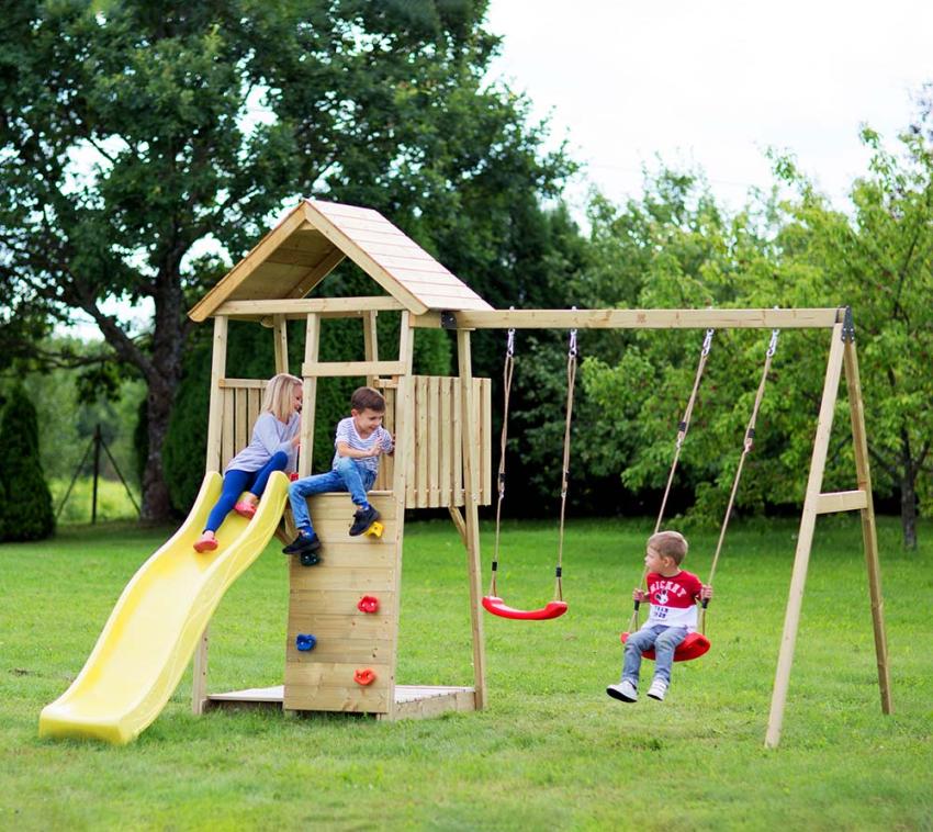 Wendi Toys Holz Spielturm Pinguin | inkl. Rutsche, Kletterwand, 2 Schaukeln & Sandkasten | Natur | 280x340x270 cm 