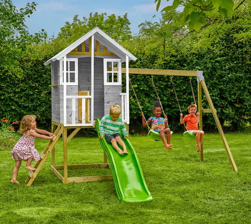 Zwerkules Valli 3 | Kinder Stelzenhaus mit Rutsche und Schaukel | Holz 