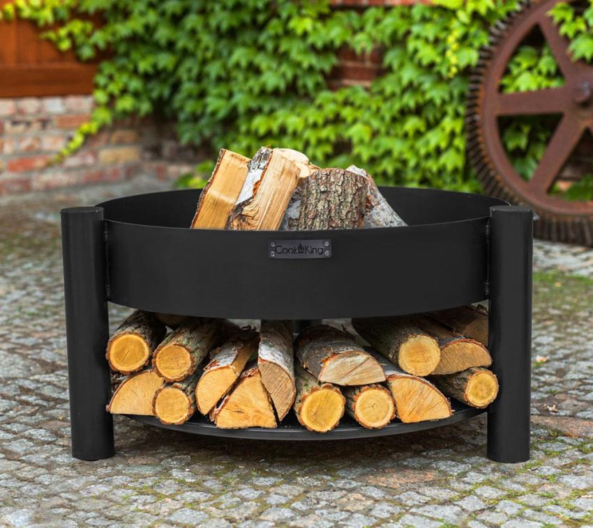 B_WARE CookKing Stahl Feuerschale Montana Ø 80cm | Inkl. Holzlager | Schwarz | 88x45 cm 