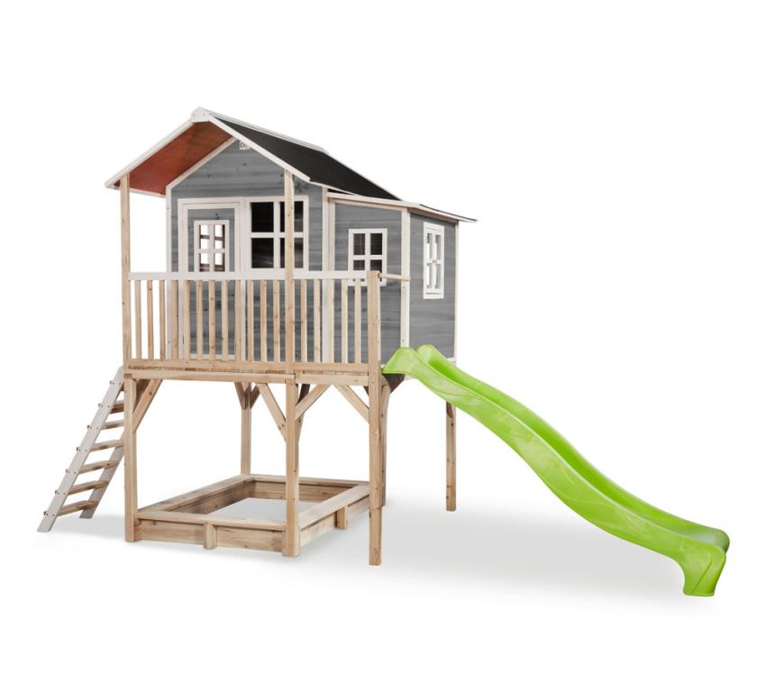 Exit Holz Kinder Spielhaus Loft 750 inkl. Rutsche und Sandkasten grau 