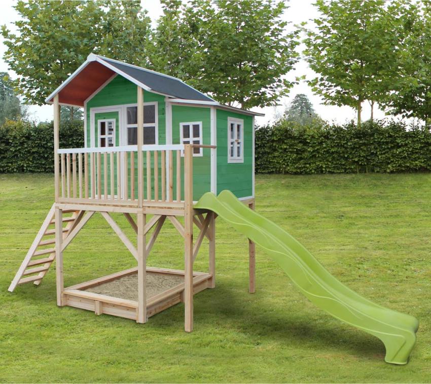 Exit Holz Kinder Spielhaus Loft 750 inkl. Rutsche und Sandkasten grün 
