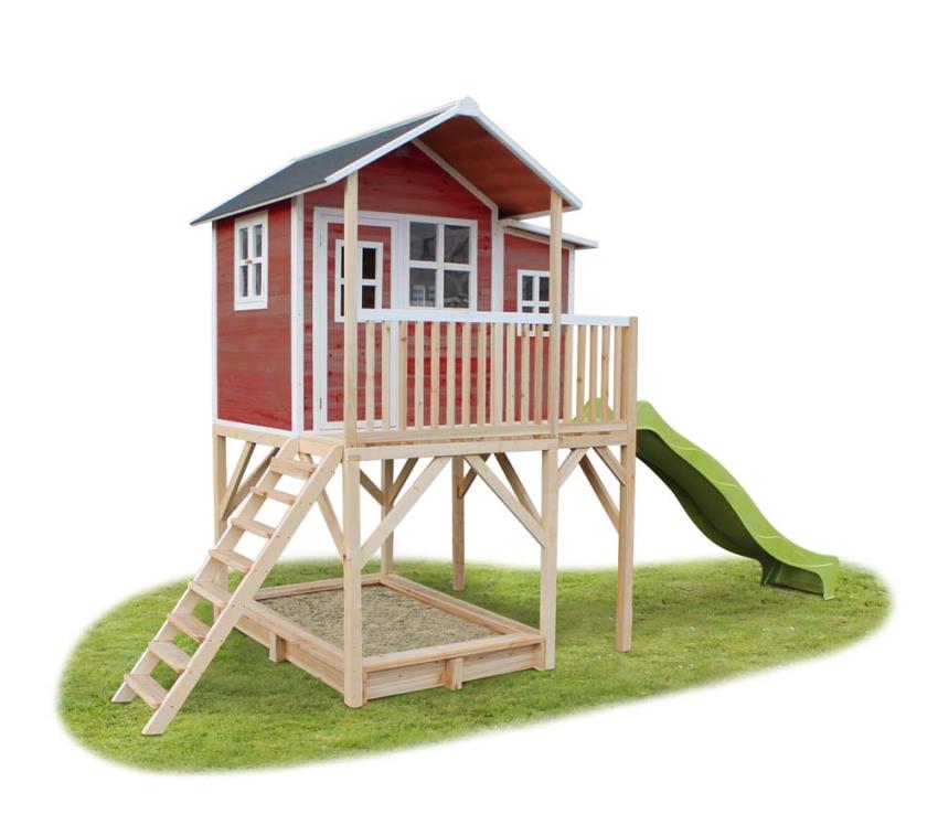 Exit Holz Kinder Spielhaus Loft 750 inkl. Rutsche und Sandkasten rot 
