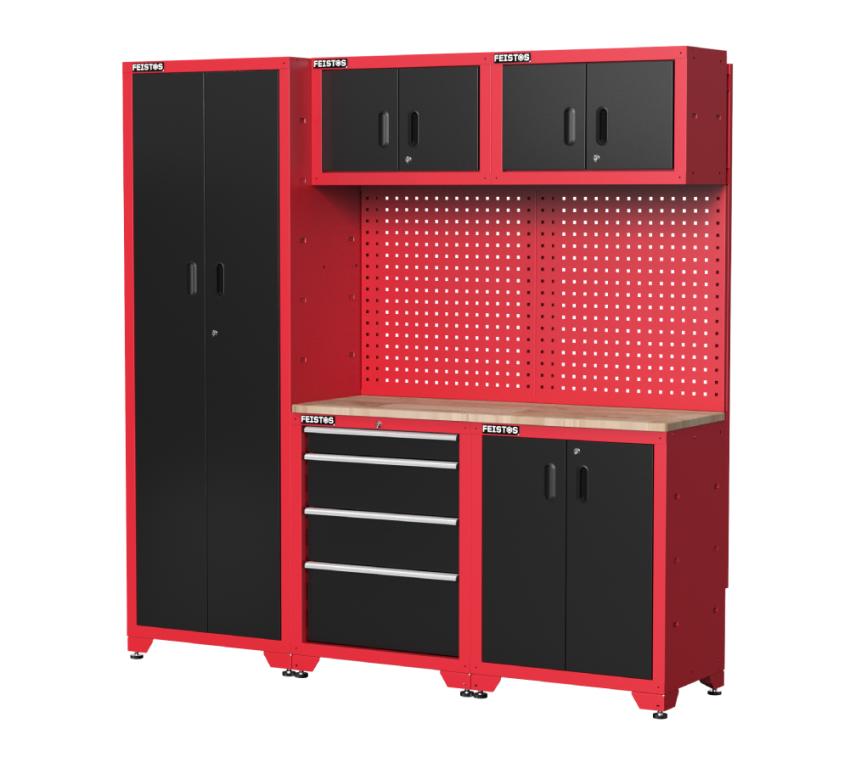 FEISTOS Werkstatteinrichtung | Werkzeugschrank Juno 2 | inkl. Lochwand | Schwarz/Rot | 198x46x198 cm 