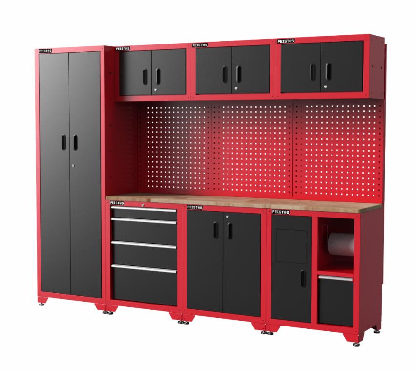 FEISTOS Werkstatteinrichtung | Werkzeugschrank Juno 3 | inkl. Lochwand | Schwarz/Rot | 264x46x198 cm 
