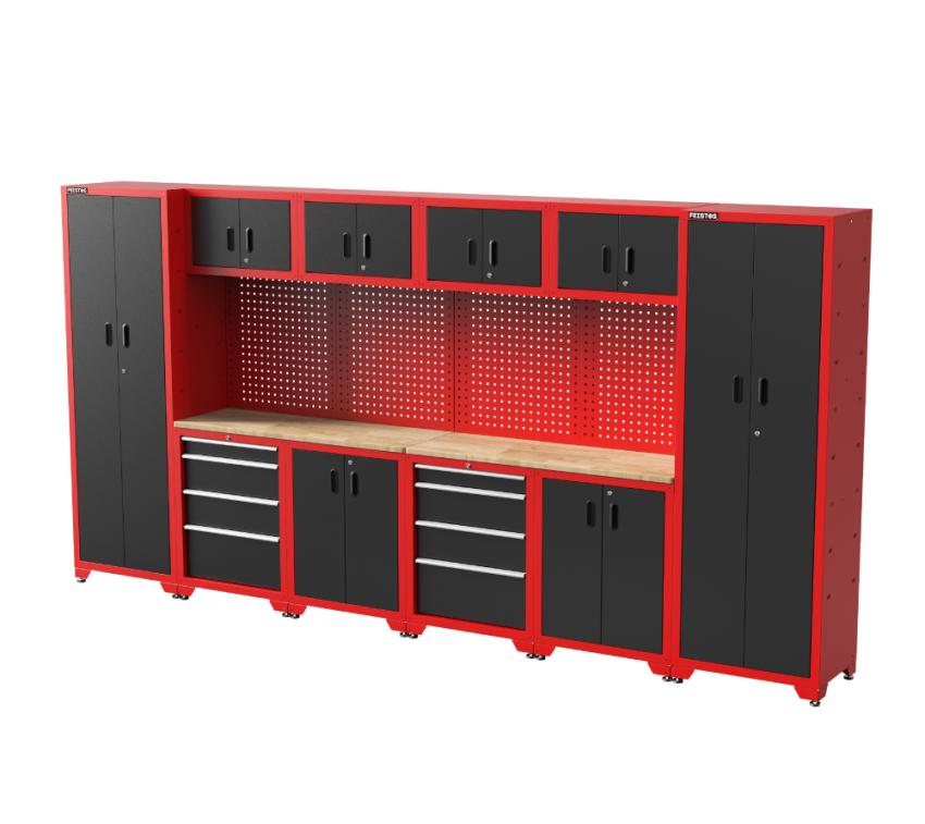 FEISTOS Werkstatteinrichtung | Werkzeugschrank Juno 11 | inkl. Lochwand | Schwarz/Rot | 396x46x198 cm 
