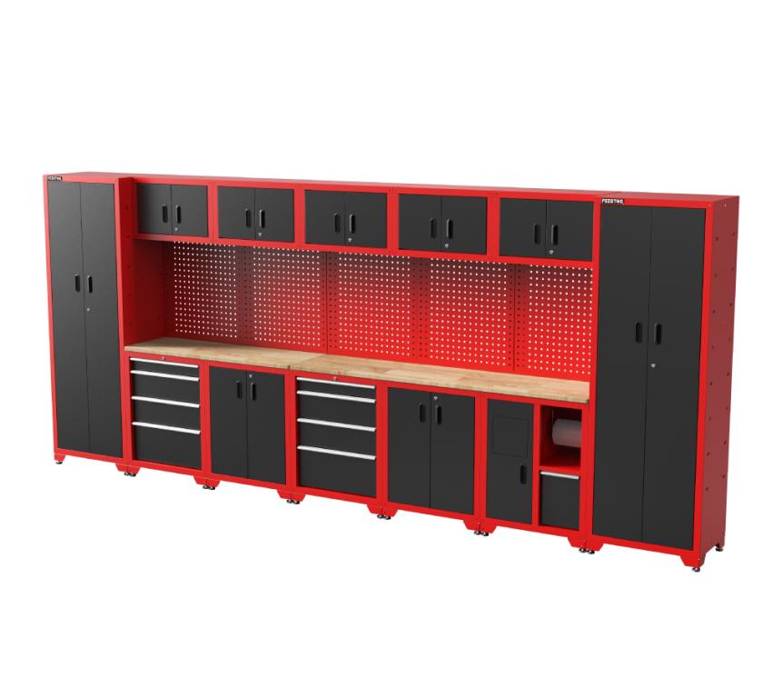 FEISTOS Werkstatteinrichtung | Werkzeugschrank Juno 12 | inkl. Lochwand | Schwarz/Rot | 462x46x198 cm 
