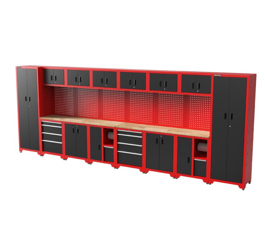 FEISTOS Werkstatteinrichtung | Werkzeugschrank Juno 13 | inkl. Lochwand | Schwarz/Rot | 528x46x198 cm 