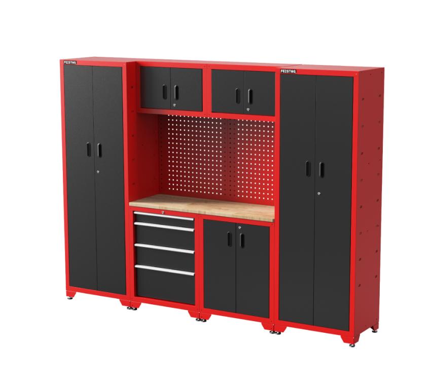 FEISTOS Werkstatteinrichtung | Werkzeugschrank Juno 14 | inkl. Lochwand | Schwarz/Rot | 264x46x198 cm 
