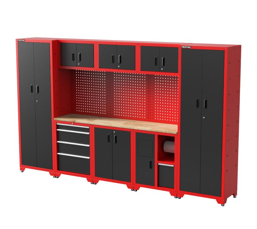 FEISTOS Werkstatteinrichtung | Werkzeugschrank Juno 15 | inkl. Lochwand | Schwarz/Rot | 330x46x198 cm 