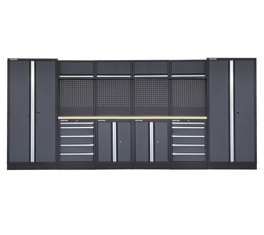FEISTOS Werkstatteinrichtung | Werkzeugschrank Apollo 15 | inkl. Lochwand | Grau/Schwarz | 456x46x200 cm 