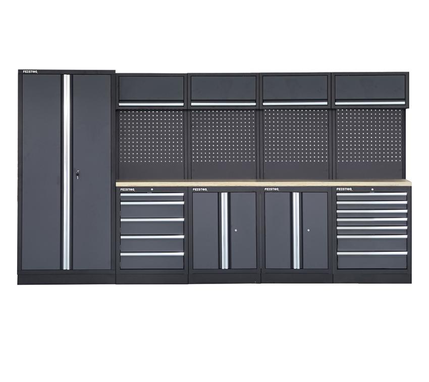 FEISTOS Werkstatteinrichtung | Werkzeugschrank Apollo 17 | inkl. Lochwand | Grau/Schwarz | 364x46x200 cm 