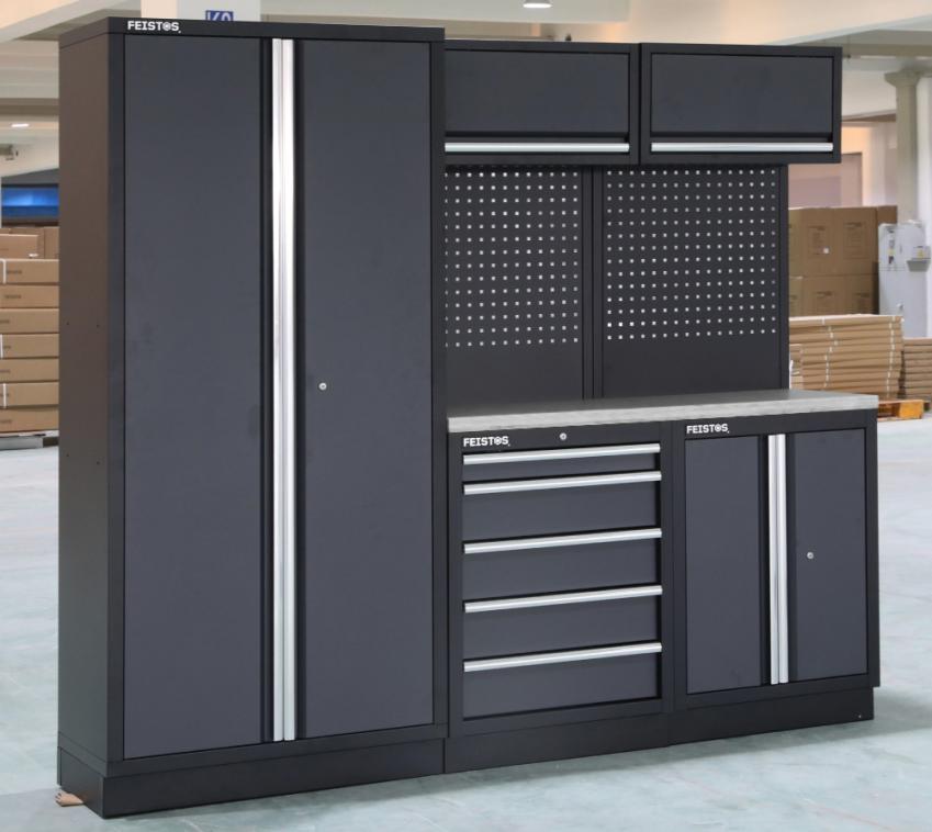 FEISTOS Werkstatteinrichtung | Werkzeugschrank Apollo 1E | inkl. Lochwand | Grau/Schwarz | 228x46x200 cm 