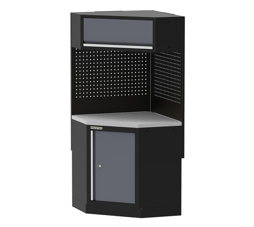 FEISTOS Werkstatteinrichtung | Werkzeugschrank Apollo Eckschrank Edelstahl | inkl. Lochwand | Grau/Schwarz | 86/86x46x200 cm 