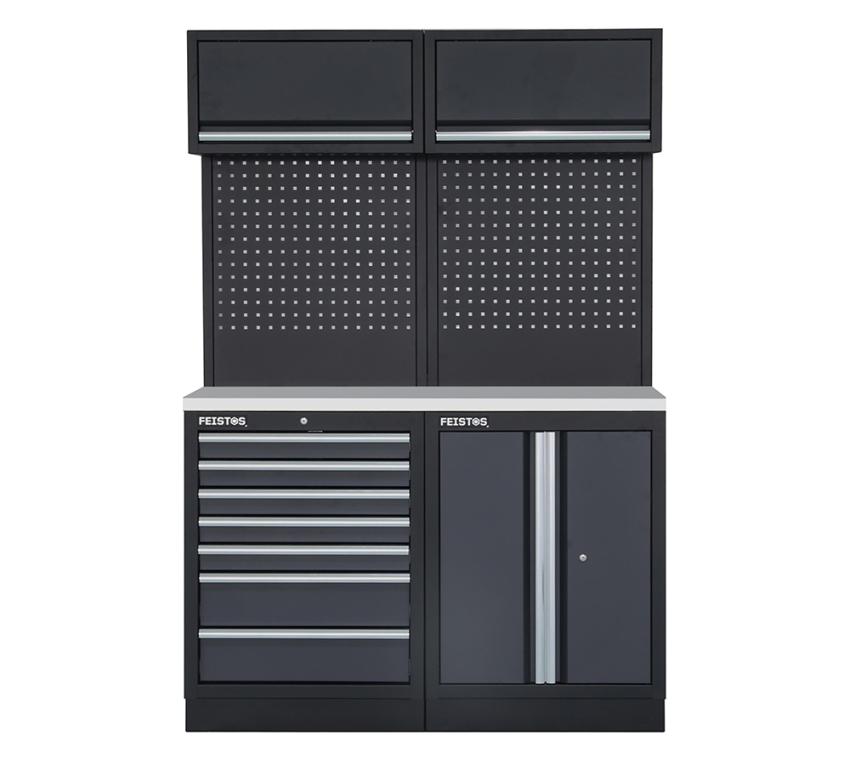 FEISTOS Werkstatteinrichtung | Werkzeugschrank Apollo 5E | inkl. Lochwand | Grau/Schwarz | 136x46x200 cm 