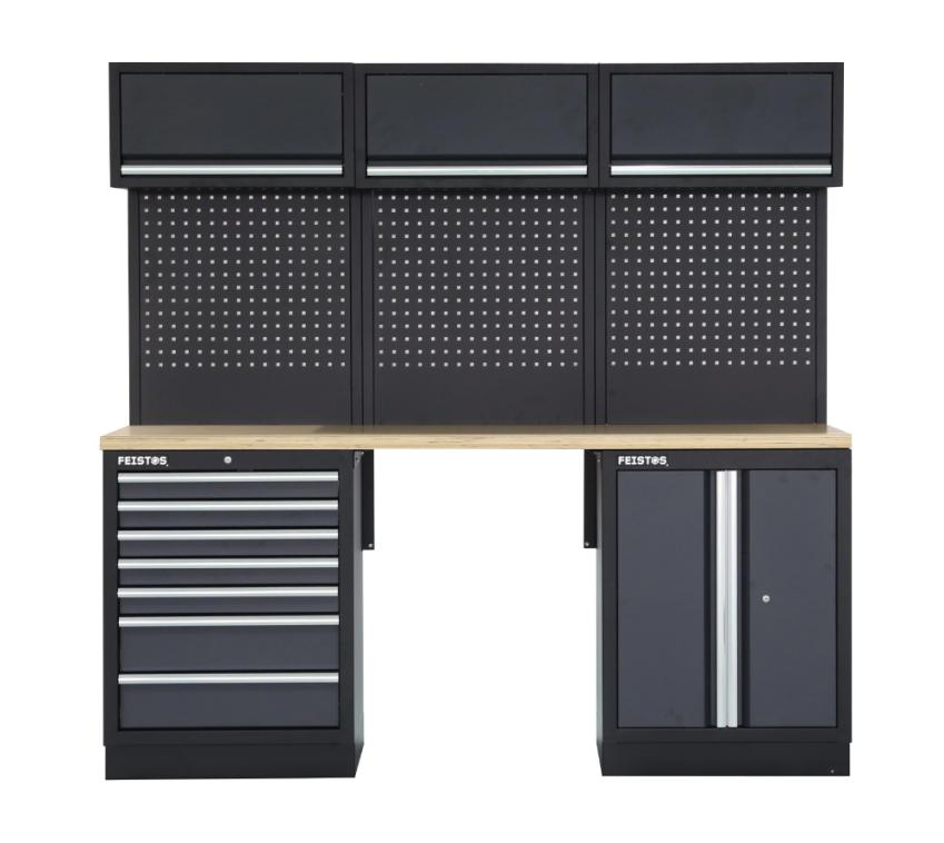 FEISTOS Werkstatteinrichtung | Werkzeugschrank Apollo 8 | inkl. Lochwand | Grau/Schwarz | 204x46x200 cm 